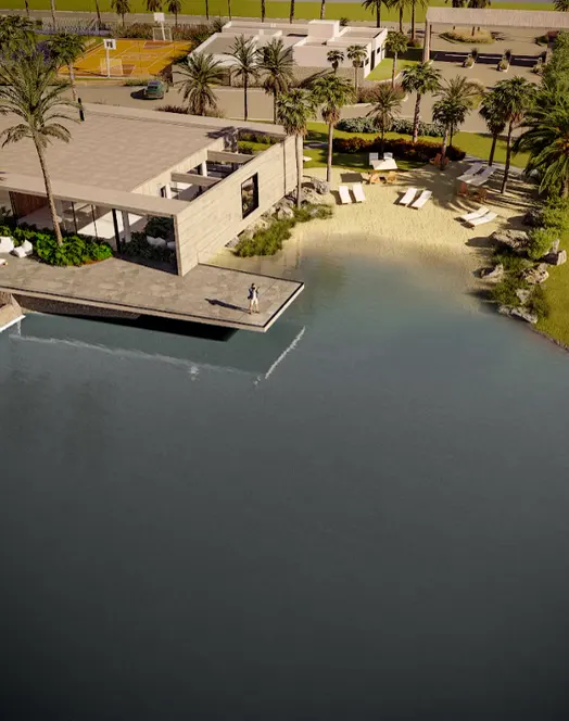 Piscina com borda junto ao lago