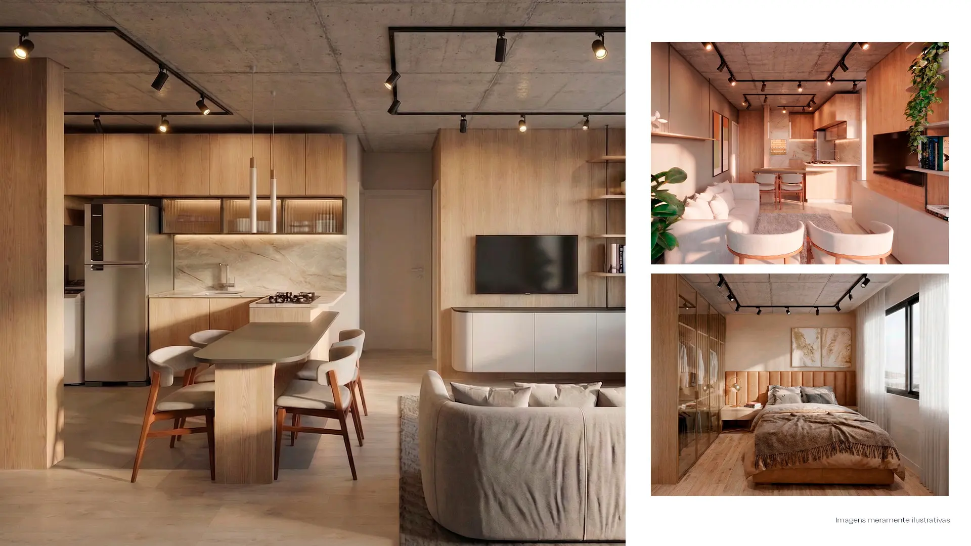 Perspectivas internas do apartamento de 48,17 metros quadrados