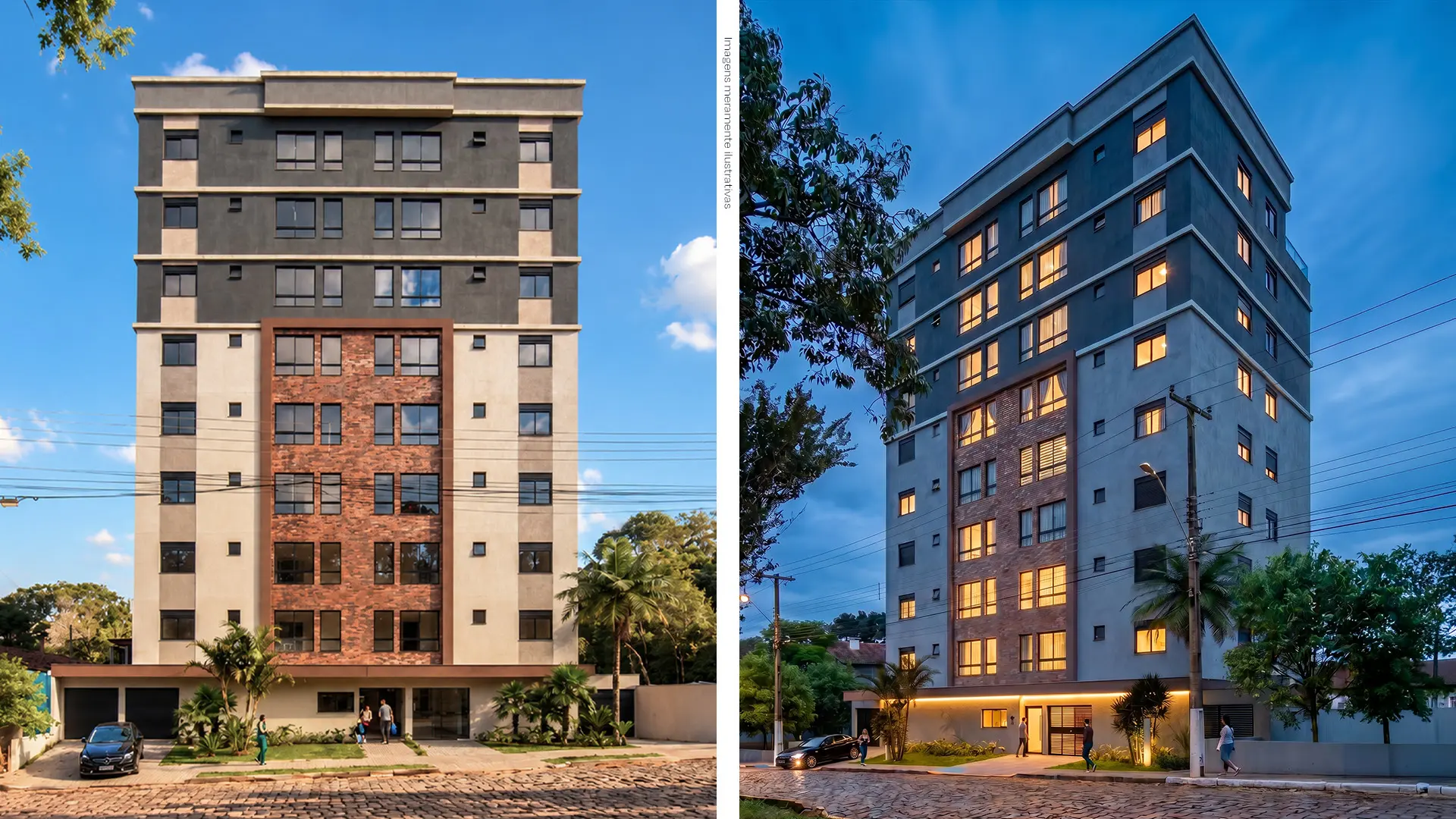 Fachadas diurna e noturna do Residencial Start