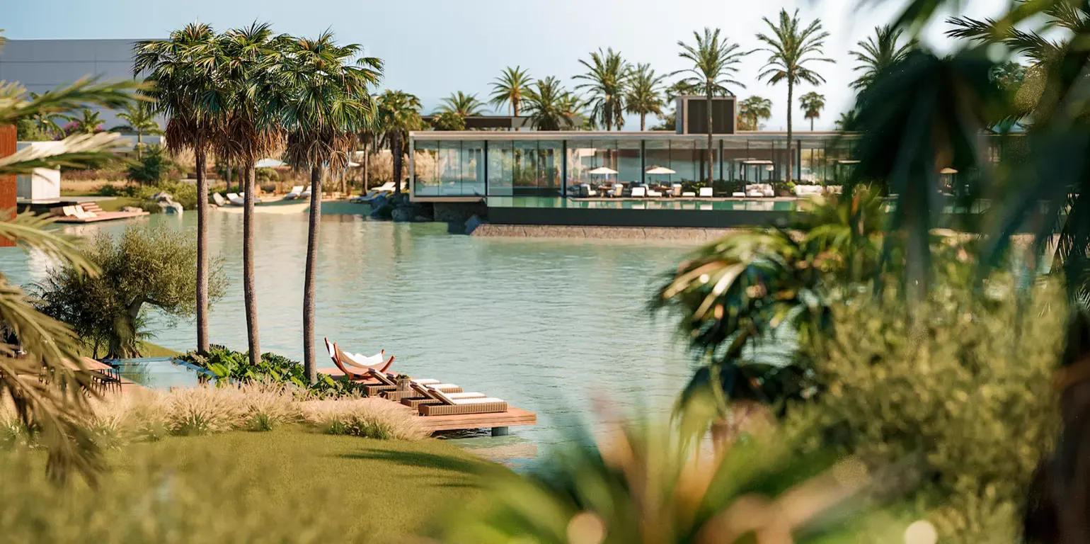 Área de lazer com piscina e paisagismo