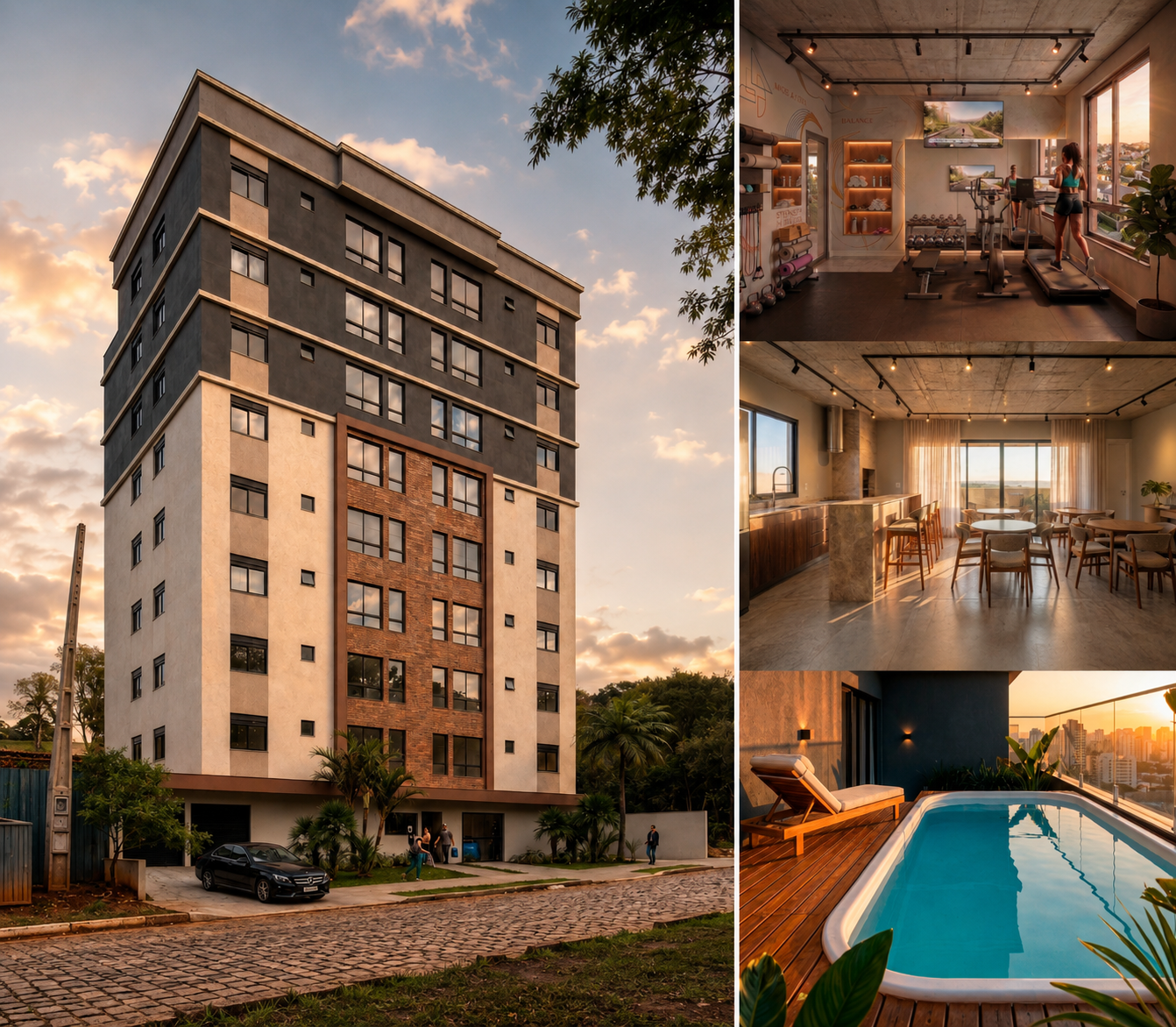 Residencial Start com fachada, academia, salão de festas e piscina